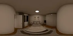 360-degree HDR of a peaceful white bedroom with bed, wardrobe, and plant for scene lighting.