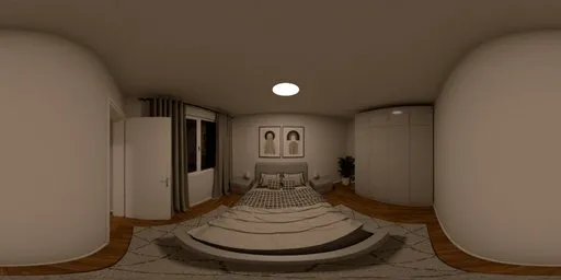 360-degree HDR of a peaceful white bedroom with bed, wardrobe, and plant for scene lighting.