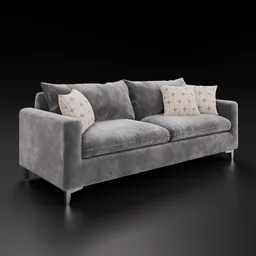 Detailed 3D model of a luxurious gray velvet sofa with pillows, compatible with Blender, ready for virtual staging.
