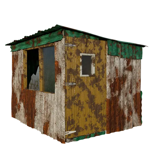 Highly detailed Blender 3D rusty metal shack model, weathered textures for urban street scenes.