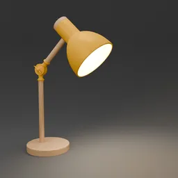 3D-rendered adjustable wooden table lamp model with illuminated yellow shade, compatible with Blender.