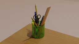 Realistic 3D-rendered pen holder filled with pencils, markers and scissors, designed in Blender.