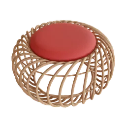 3D-rendered rattan wood pouf with red cushion for Blender modeling and realistic visualization.