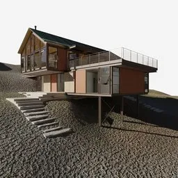 "Greenhouse 3D model for Blender 3D - A hillside house on stilts with a staircase leading up to it, inspired by Donald Judd. Material sourced from Blenderkit for hyper-realistic shading. Ideal for exterior rendering and learning."