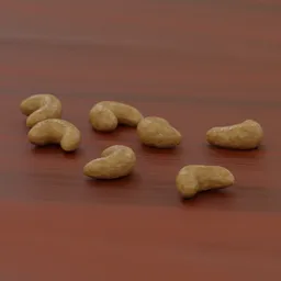 Realistic Blender 3D model of textured cashews on a surface, ideal for CGI food scenes.