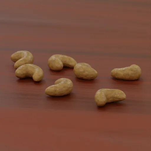 Realistic Blender 3D model of textured cashews on a surface, ideal for CGI food scenes.
