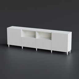 "White BESTÅ TV cabinet with shelves and cable management grommet - 3D model for Blender 3D. Minimalistic design from IKEA perfect for modern interiors."