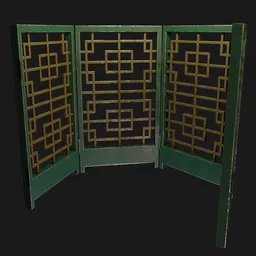 Detailed Blender 3D rendering of a traditional folding screen with intricate geometric metal patterns.
