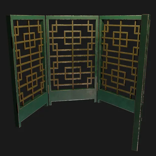 Detailed Blender 3D rendering of a traditional folding screen with intricate geometric metal patterns.