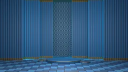 Teal-dominated 3D interior with geometric shapes and modern architectural elements reflecting ambient light.