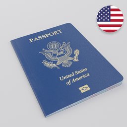 "Photorealistic USA Passport 3D model created with Blender 3D software. Enhanced details, showcasing a flag on a white surface in an American suburb. Perfect for your 3D asset needs, be it for iOS icons or clear images."
