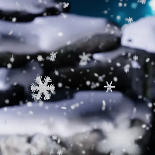Detailed 3D-rendered snowflakes close-up for Blender simulations, showcasing intricate designs against a blurred backdrop.