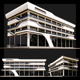 "Modern Building 05 3D Model for Blender 3D - A curved roofed modern building with a black and white color palette in a brutalist style. Perfect for art deco office buildings and storefronts. Inspired by Mstislav Dobuzhinsky. Created by M3D."
