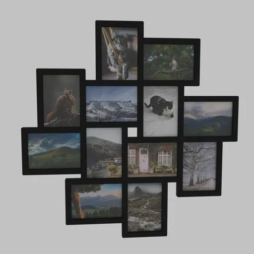 Detailed 3D photo collage wall art for Blender with customizable frames and replaceable images, suitable for Cycles and Eevee rendering.