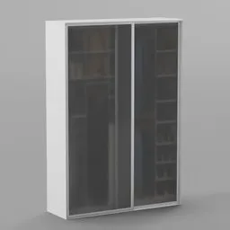 "White sliding door wardrobe with translucent frosted glass, perfect for Blender 3D projects. Clothes are visible through the glass. No real meshes with clothes included in model."