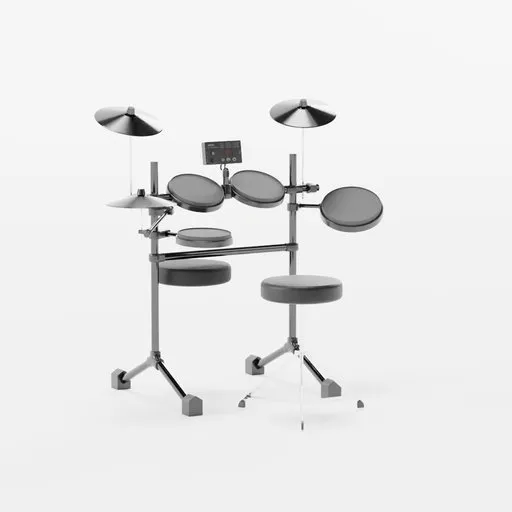 Detailed 3D model of an electronic drum set with cymbals and stool, designed for Blender rendering.