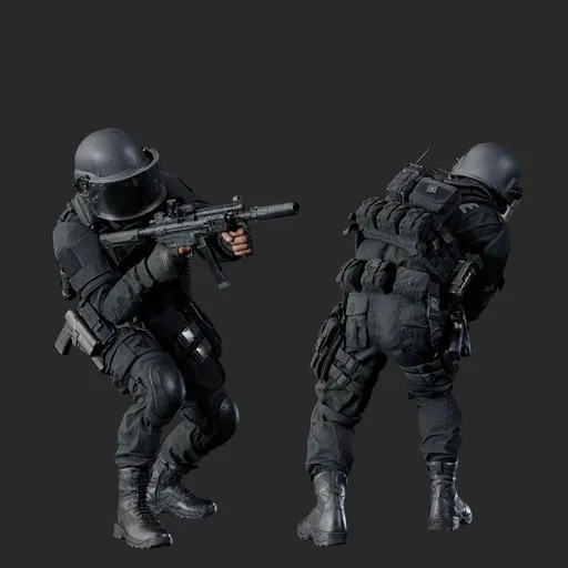 Police Tactical Unit Low Crouched Aiming