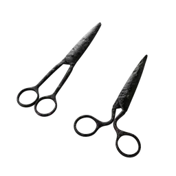"An ancient set of rusted scissors on a black background, perfect for stationery 3D models in Blender. The unique heads and intricate details give it a game of thrones vibe, reminiscent of discarded scrolls in an apothecary. Enhance your Blender 3D collection with this striking pair of scissors."