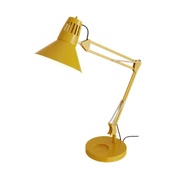 Detailed 3D-rendered adjustable yellow desk lamp on a white backdrop, ideal for Blender modeling and interior design.