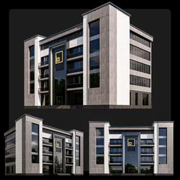 Detailed white modern 3D building model with varying window designs against a dark backdrop.