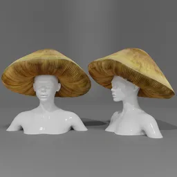 "Garment Mushroom Hat 3D model for Blender 3D - Perfect for elves or hobbits in the forest with its cozy and camouflaging design. This headwear model features the inspired Boetius Adamsz Bolswert mushroom style and bamboo wood texture, created in Poser software and rendered with smooth surfaces. Ideal for adding a touch of fantasy to your 3D projects."