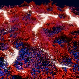 Vibrant red and blue particle simulation for abstract motion design using Blender 3D's GN feature.