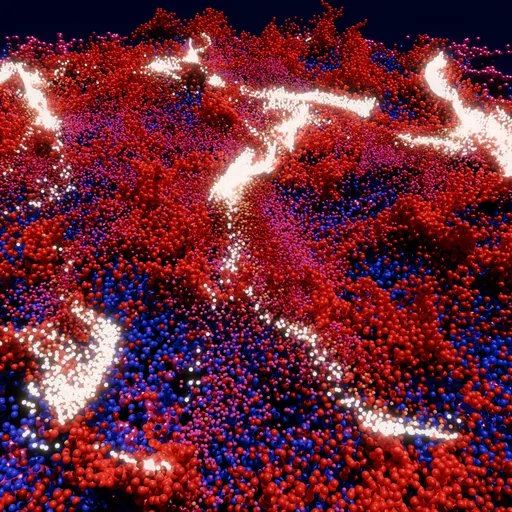 Vibrant red and blue particle simulation for abstract motion design using Blender 3D's GN feature.