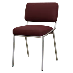 3D rendering of a maroon visitor chair with upholstered seat and backrest, silver frame, for Blender modeling.