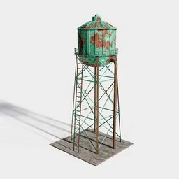 "Low-poly machine 3D model of a detailed green water tower with rusty texture and red water, created with Blender 3D. Perfect for real-time rendering, display items, and deserted game environments."