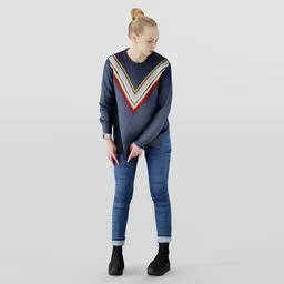 Petite female 3D model in blue attire adjusting jeans, with bun hairstyle and boots, designed for Blender.