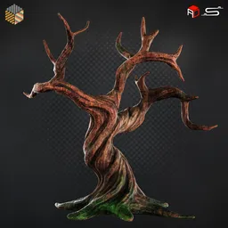 Detailed 3D Halloween tree model with twisted branches and realistic textures, perfect for Blender 3D spooky scenes.