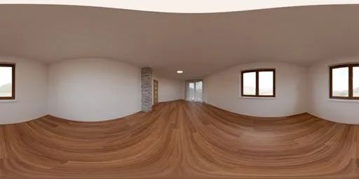 Spacious empty room with wooden floor, brick-patterned walls, and natural lighting from windows with white curtains.