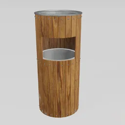 "Wooden rubbish bin ash tray 3D model for Blender 3D - a high-quality model featuring a wooden trash can with a metal lid, inspired by Charles Furneaux's design. Perfect for urban cityscape scenes, this model offers advanced stage lighting and intricate details. Enhance your Blender 3D projects with this realistic and versatile asset."