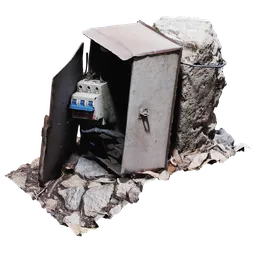 Realistic 3D modeled rusted iron box amidst debris, detailed textures, suitable for Blender urban scenes.