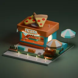 Low poly 3D model of a vibrant pizzeria with detailed textures and colorful design, suitable for Blender 3D projects.