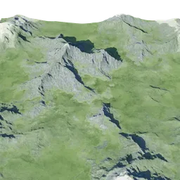 Detailed 3D alpine terrain model showcasing snowy peaks and green valleys, compatible with Blender 4k textures.