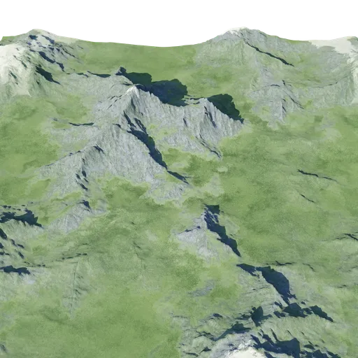 Detailed 3D alpine terrain model showcasing snowy peaks and green valleys, compatible with Blender 4k textures.