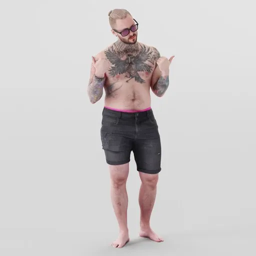 Confident young male 3D model with tattoos gesturing thumbs up, wearing denim shorts and glasses, ideal for Blender 3D projects.