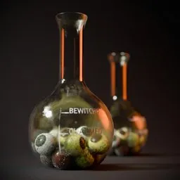 3D-rendered Halloween-themed Florence flask with realistic candy eyes, UV unwrapped textures, and PBR material, Blender-compatible.