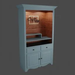"Customizable Coffee Closet 3D Model for Blender 3D: Features movable drawers and cupboards, adjustable colors of closet and inner wood planks. Perfect for creating a personalized coffee station. "