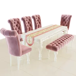 "Discover the elegant and detailed 3D model of a dining chair and table set in Blender 3D. With high-quality rendering and the ability to customize the velvet color, this model is perfect for creating furnished room scenes inspired by John Nelson Battenberg. Explore the V-ray collection for a Disney photo-realistic feel and aristocratic ambiance."