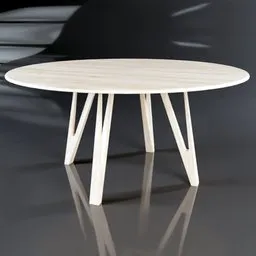 "Solid Oak Under Table by Blender 3D - Woodlands style minimalist table with 4 legs and a round cropped surface, perfect for restaurants. High-resolution product photo with a wooden base and tilted 35° frame."