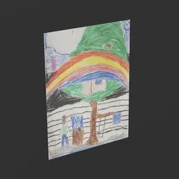 Authentic child's artwork 3D model with rainbow for Blender projects, featuring node-generated textures.