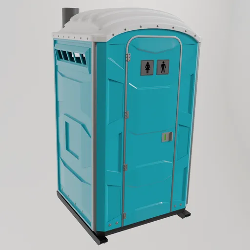 Detailed Blender 3D model of a portable chemical toilet with a vibrant blue texture and intricate design details.