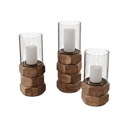 "Ornate wooden base candle holder with glass candle and metal holder for rustic decoration in Blender 3D."
