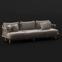 "Fly Sofa - A Scandinavian-style 3D model for Blender 3D. This high-quality couch features pillows, a teak table, and accurate details. Perfect for architectural visualizations and interior design projects."