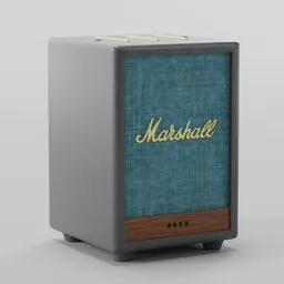 "Marshall Uxbridge Bluetooth Speaker: A stunning vintage-inspired audio device featuring a wooden base, cloth and metal accents. With sleek lines and a powerful sound, this lightweight yet imposing speaker is a perfect addition to any room. Blender 3D model for audio enthusiasts and design enthusiasts alike."