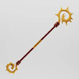 "Lowpoly magical staff with a bird's head, inspired by Ambreen Butt and Du Qiong. This Blender 3D model features a large golden key with a star on it, a scorpion whip, and red pennants. Suitable for military sci-fi themed projects."