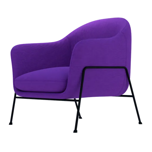 Detailed purple 3D modeled armchair with comfortable cushioning and sleek black legs, compatible with Blender.