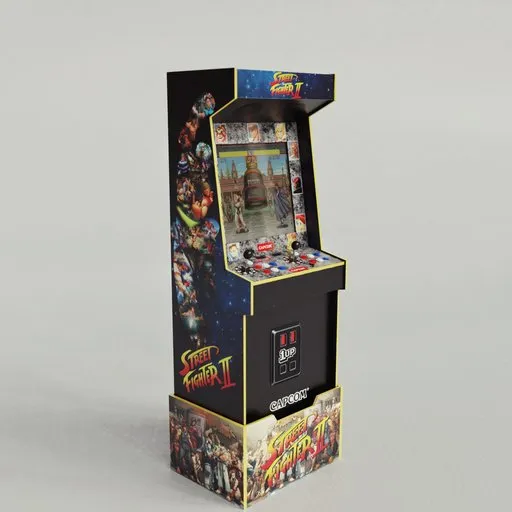 Detailed 3D Blender model of a classic arcade cabinet with vibrant Street Fighter II artwork.